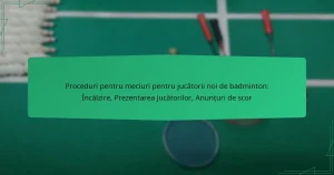 Proceduri pentru meciuri pentru jucătorii noi de badminton: Încălzire, Prezentarea jucătorilor, Anunțuri de scor